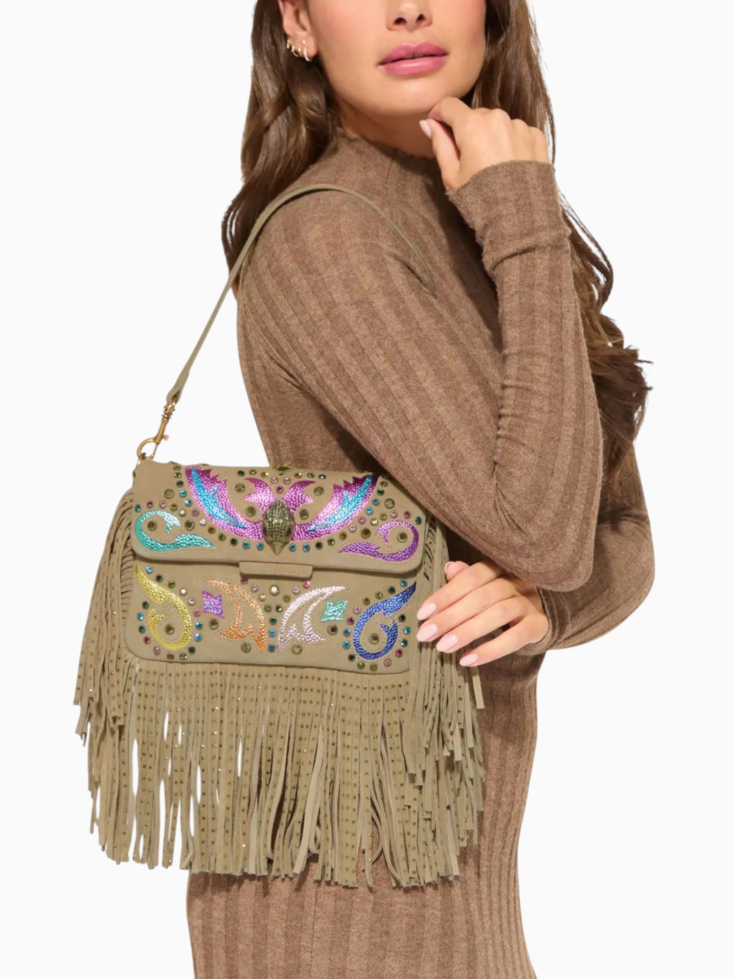 Sm Oxford Fringe Shoulder Bag 16 Camel Medium Beige