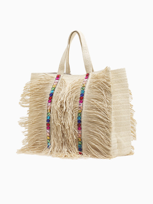 112118 Jojo Double Rainbow Fringe Tote Natural