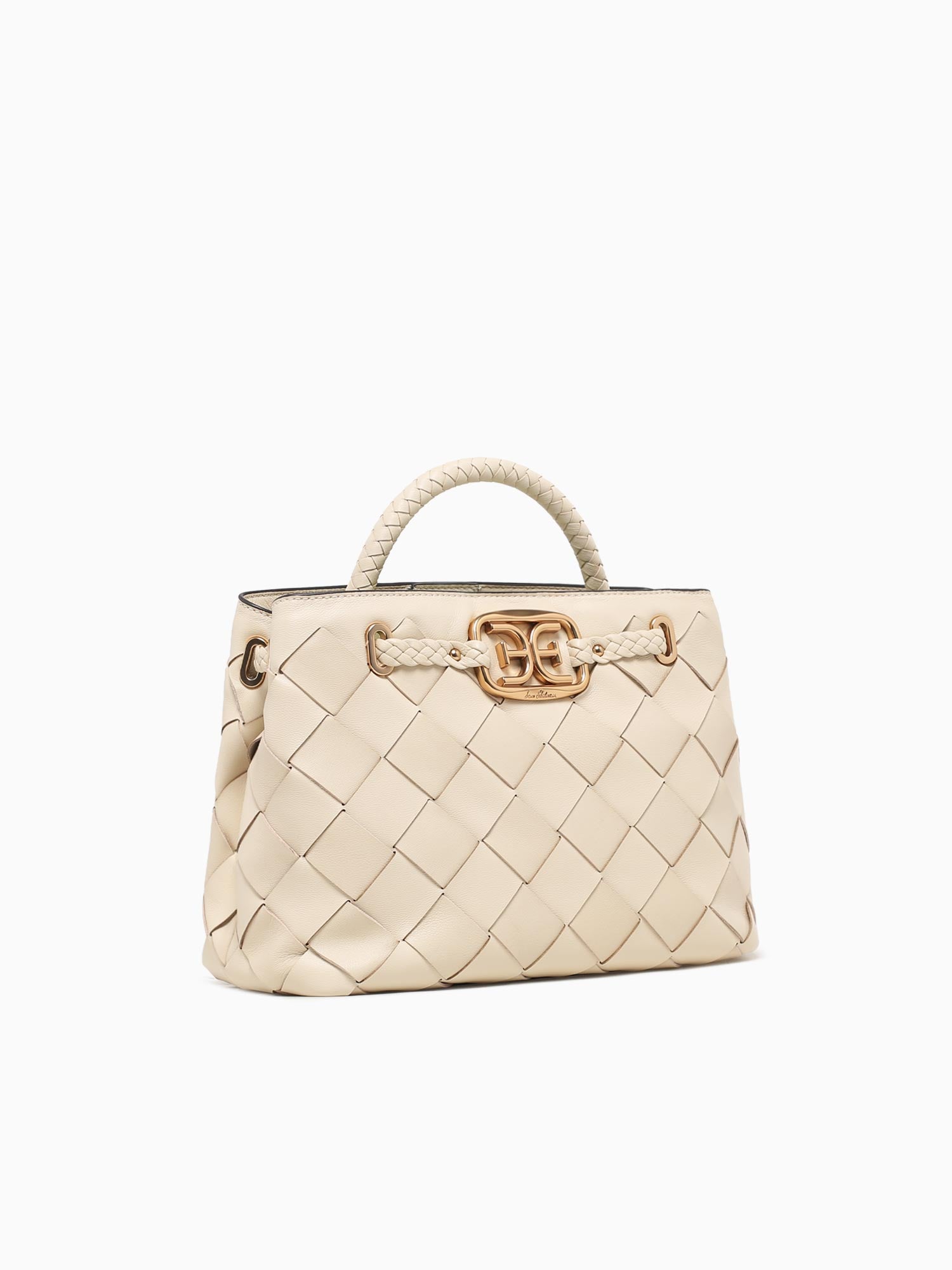 Cleo Small Woven Satchel Cream Leather Off White